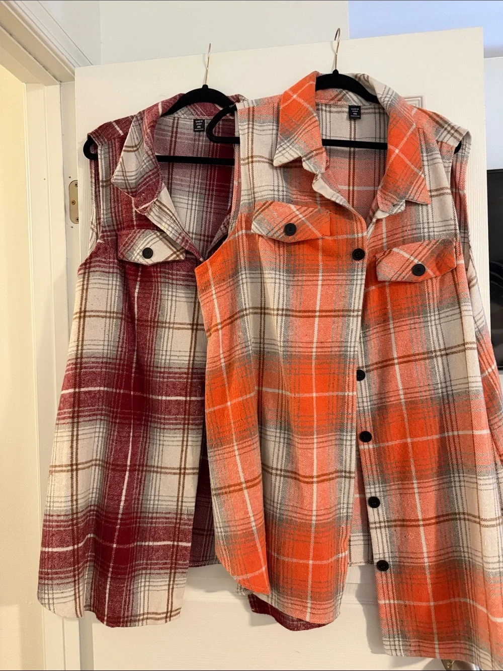 SHEIN Plaid Sleeveless Button-Up Shackets in Orange and Burgundy - Picture 1 of 5